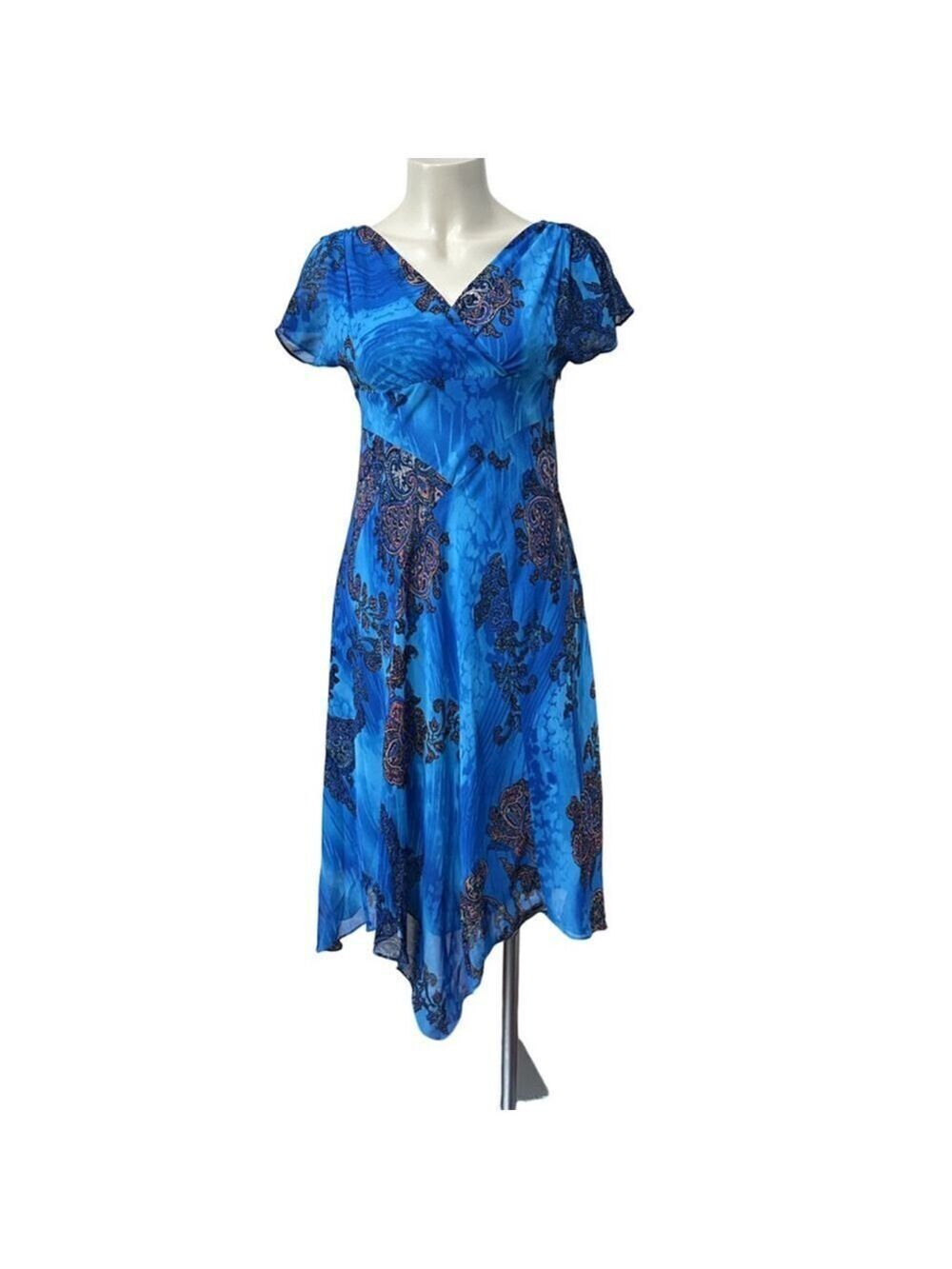 Jones New York Blue Paisley Asymmetrical Dress Size 6 Flutter Sleeve